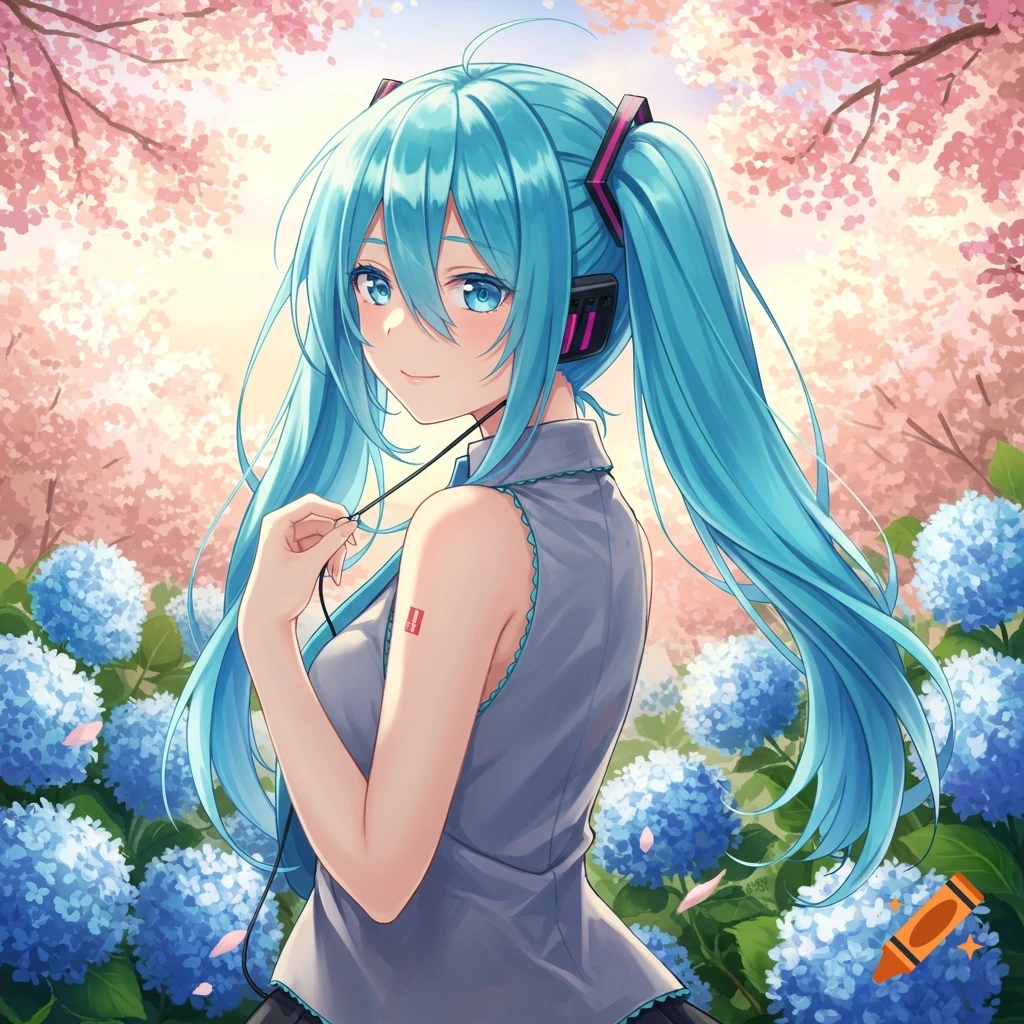 An anime girl with long, teal pigtails and blue eyes smiles, wearing headphones and a grey top, surrounded by pink cherry blossoms and blue hydrangeas.
