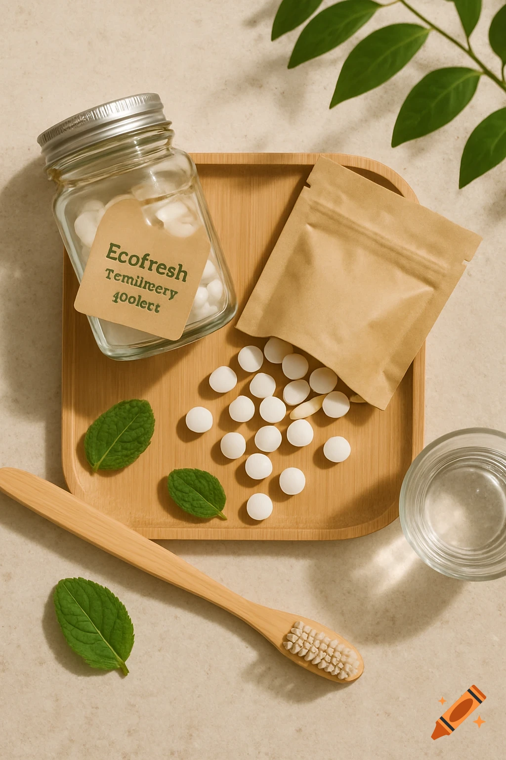 Flat lay of eco-friendly oral hygiene products: glass jar of toothpaste tablets, bamboo toothbrush, mint leaves, and water on a bamboo tray.
