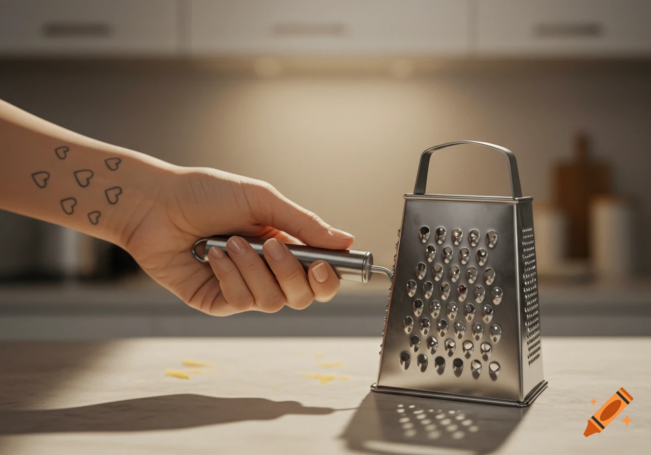 A close-up of a hand with a heart outline tattoo on the wrist, holding a silver cheese grater on a kitchen counter.