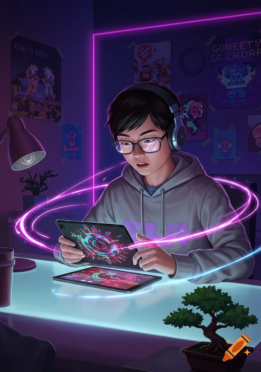 An Asian boy with glasses and headphones plays on a tablet at a neon-lit desk, with glowing pink lines. Pixel art posters adorn the background, in a vibrant digital art style.