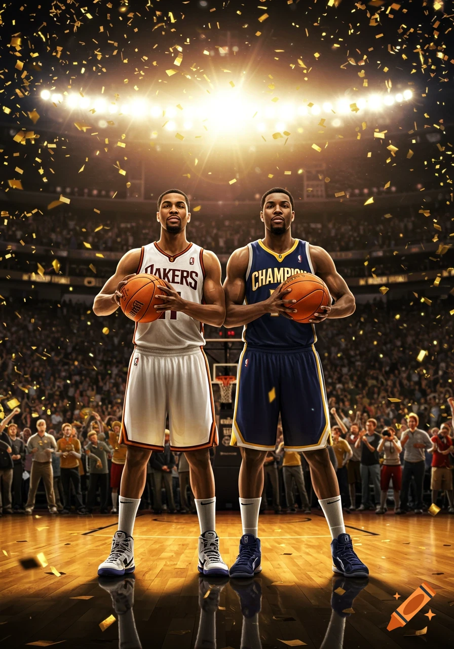 Two photorealistic basketball players hold balls on a court as confetti falls in a stadium.