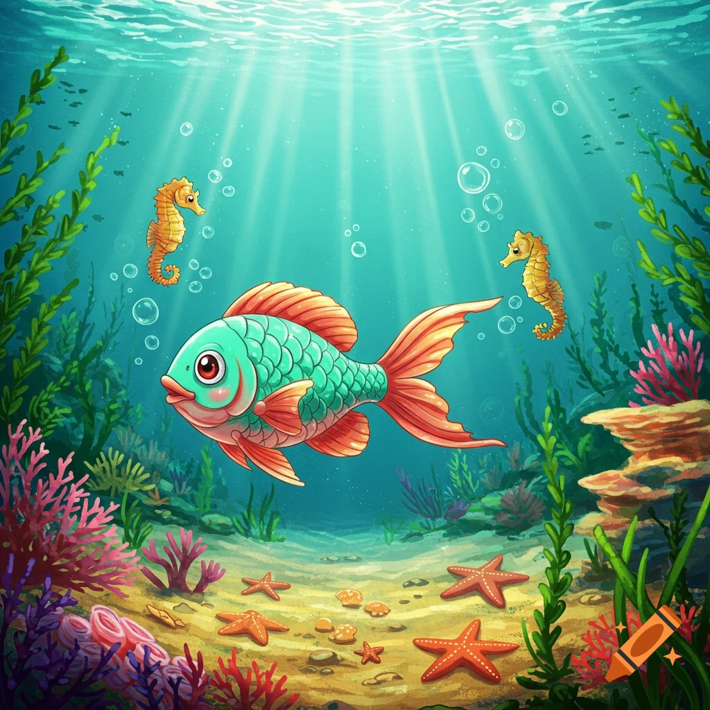 A colorful cartoon fish swims in a vibrant underwater scene with coral, starfish, and seahorses.