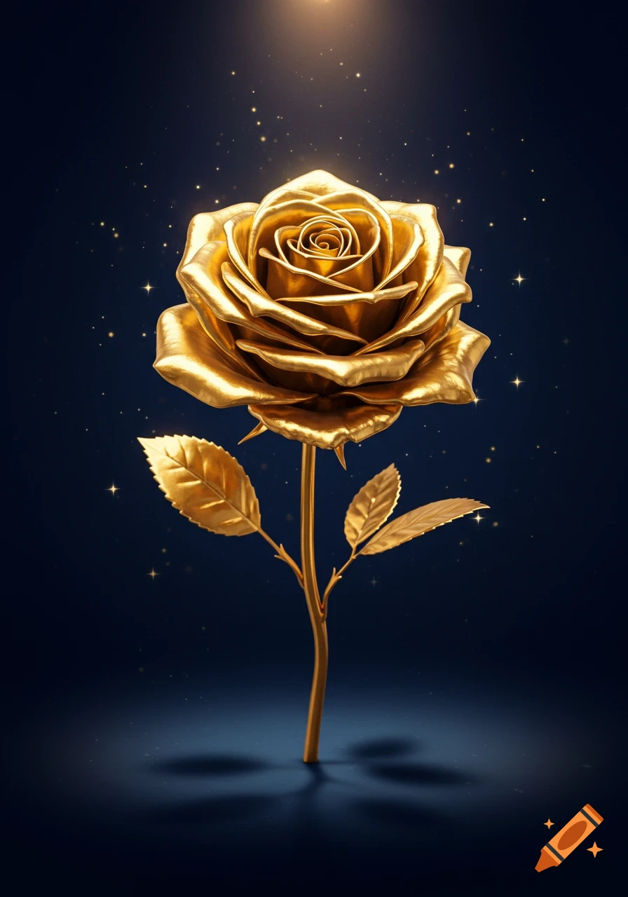A glistening golden rose with leaves and a stem stands upright against a dark blue background with sparkling lights above.