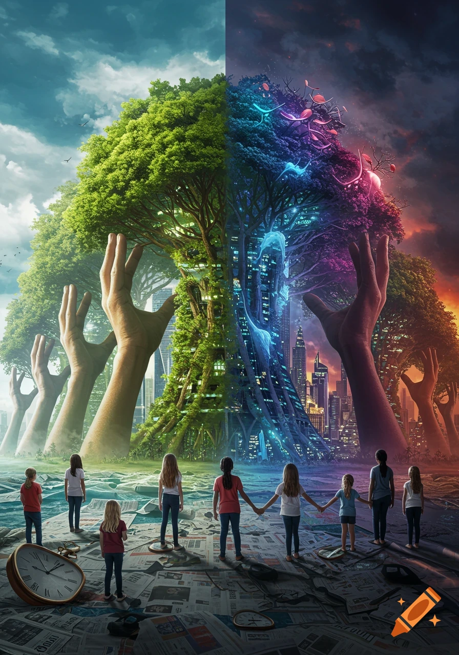 Children look at a surreal landscape with green tree-skyscrapers and glowing futuristic cities held by giant hands, under a sky split between clear blue and dark clouds.