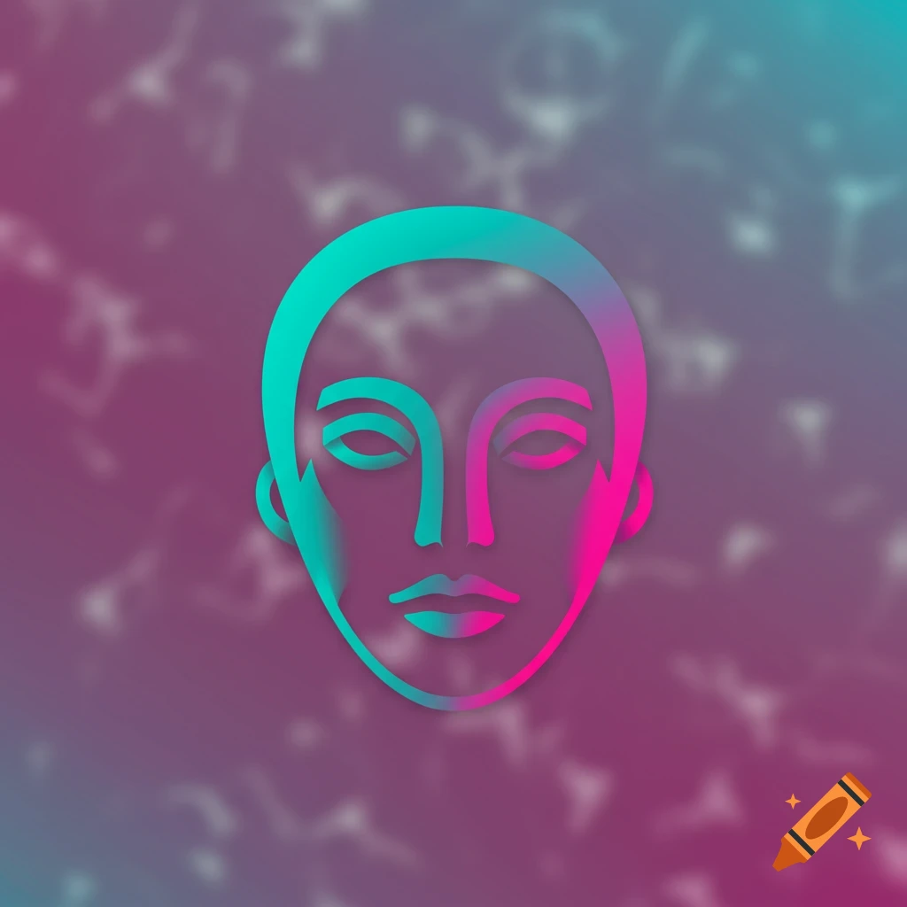 A stylized, abstract face with a gradient of teal and hot pink colors on a blurred purple background.