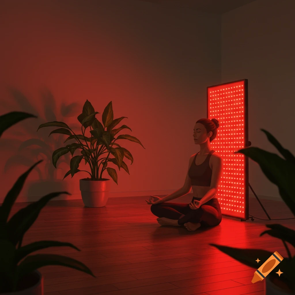 A woman meditates in a yoga pose on a wooden floor, bathed in red light from a tall therapy panel, with plants surrounding her.
