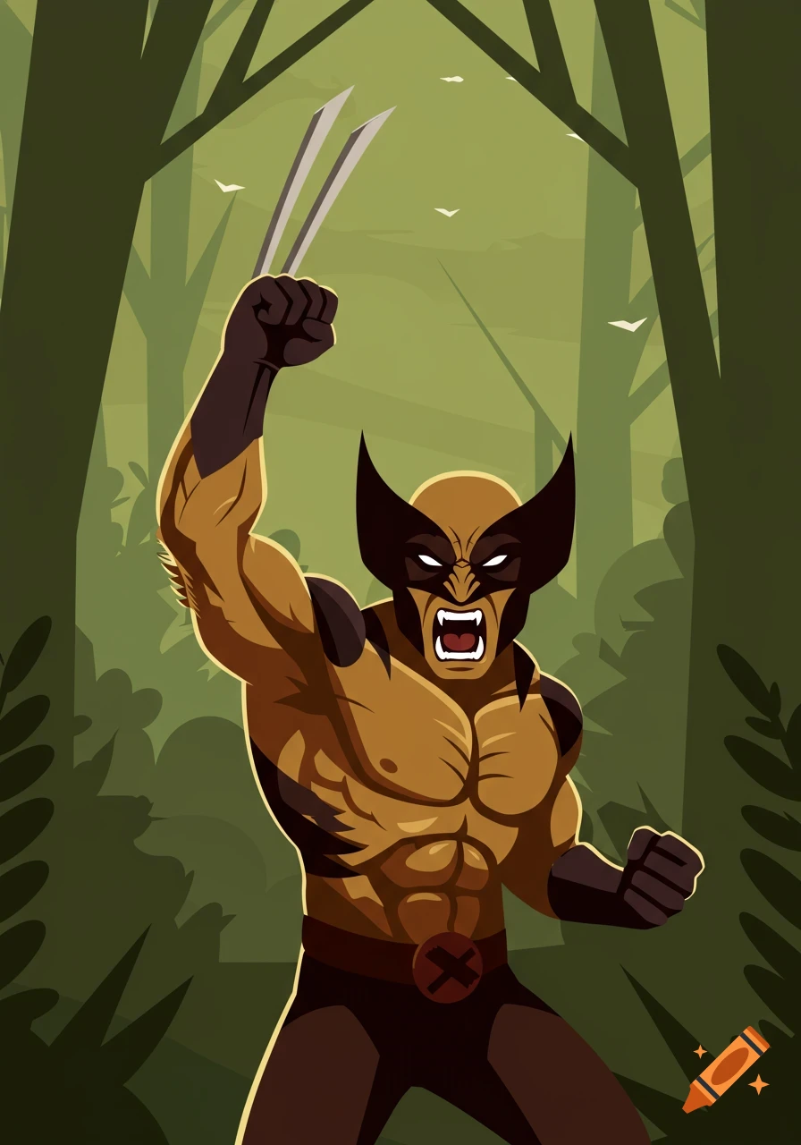 Stylized illustration of Wolverine, the superhero, in his classic brown and gold costume, roaring with claws extended, in a forest.