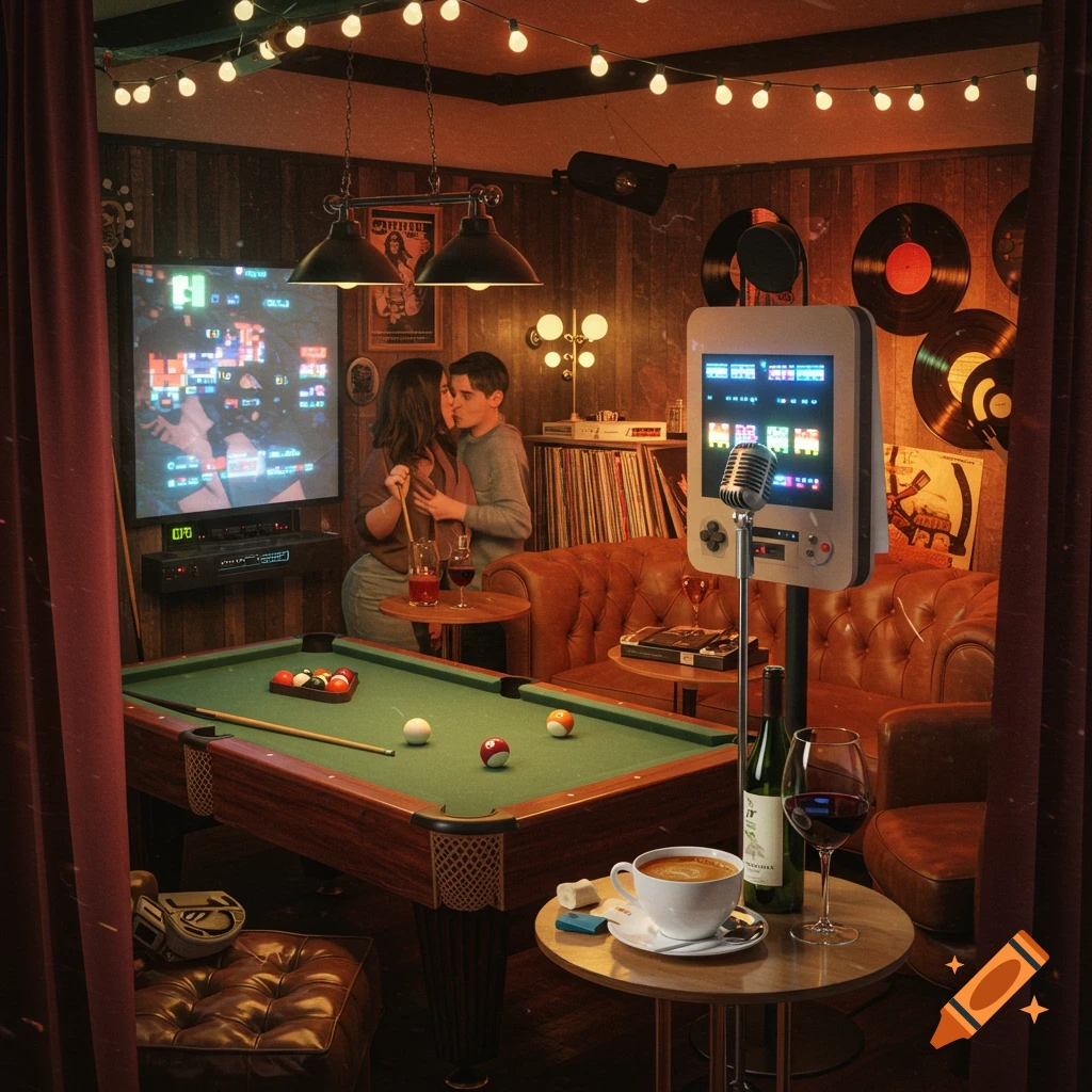 A couple kissing by a pool table in a dimly lit, cozy bar with video games, records, and string lights.