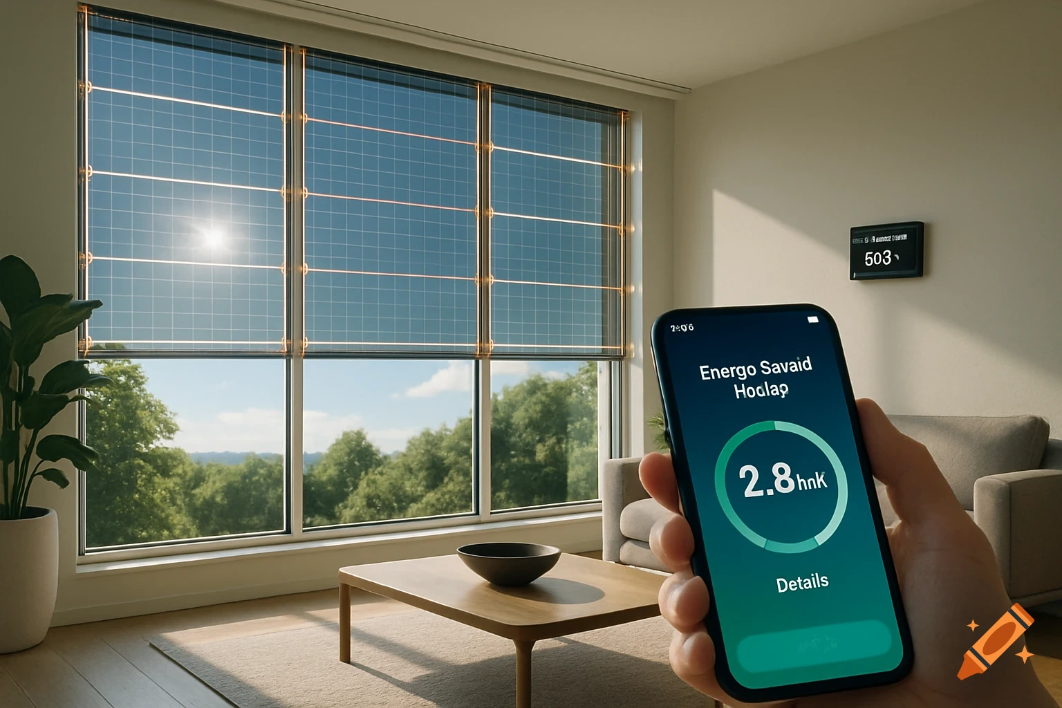 A person holds a smartphone displaying an energy app in a sunlit living room with large windows that have integrated solar panel blinds.