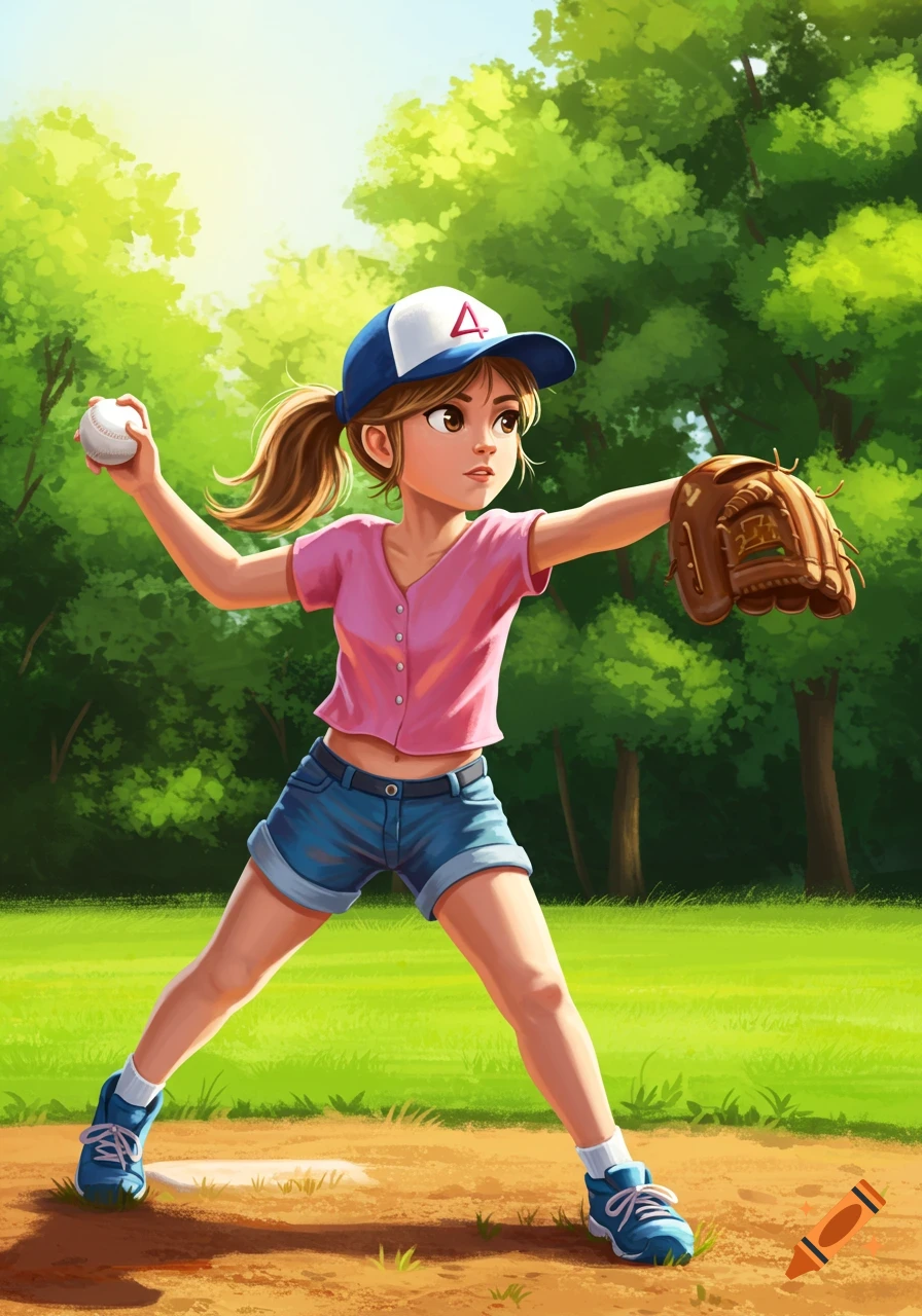 An illustrated girl in a pink shirt and blue shorts wearing a baseball cap and glove, getting ready to throw a baseball on a sunny field.