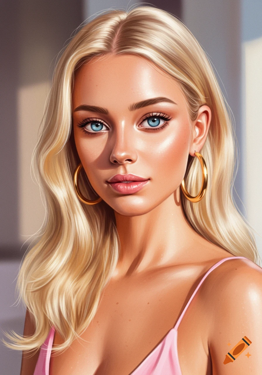 A vibrant digital art portrait of a blonde woman with blue eyes, wearing a pink top and large gold hoop earrings.