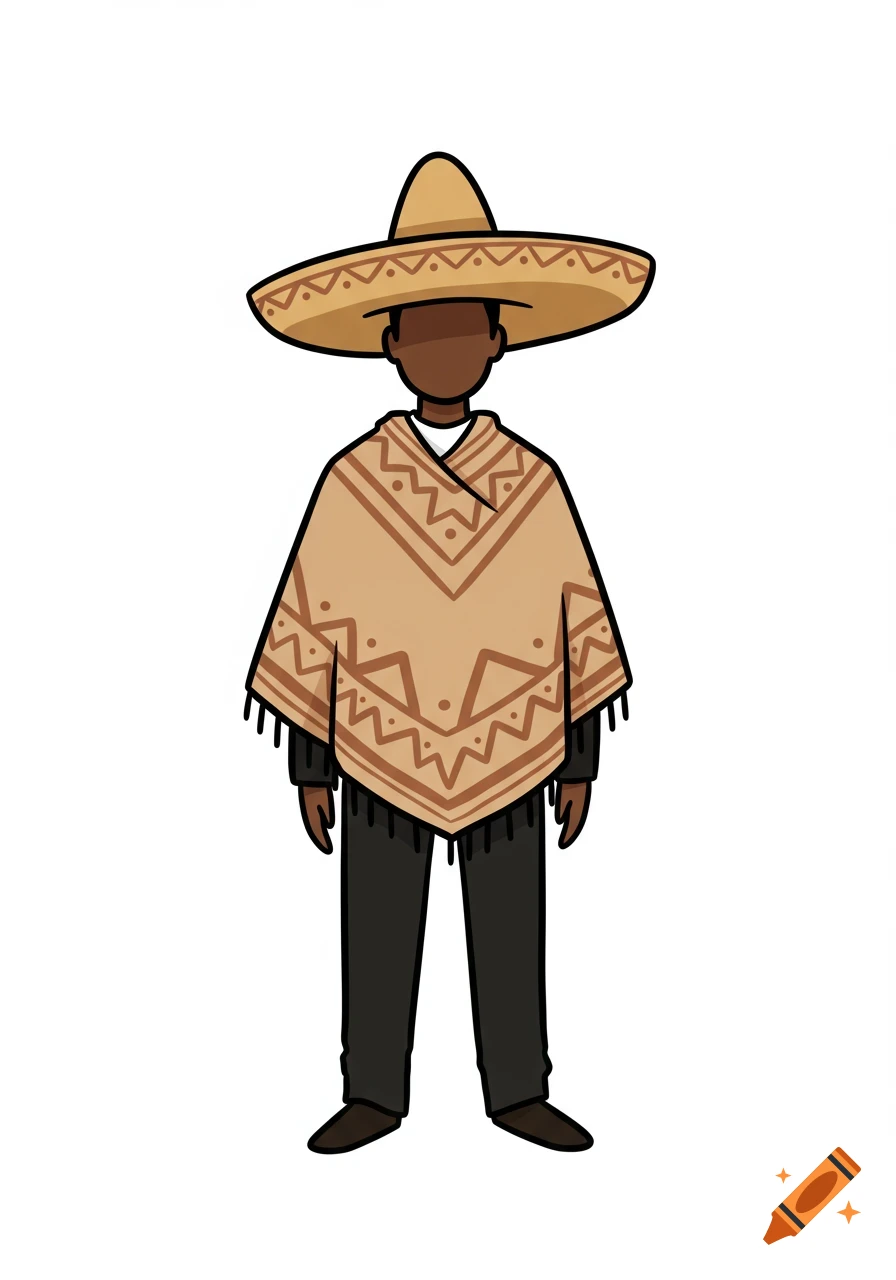 Low detail cartoon of a faceless brown man wearing a beige poncho with patterns and a wide-brimmed Mexican hat, on a white background.