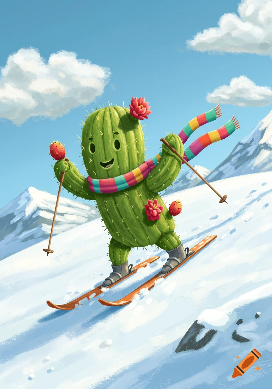 A cute cartoon cactus wearing a colorful scarf skis down a snowy mountain under a blue sky, holding ski poles.