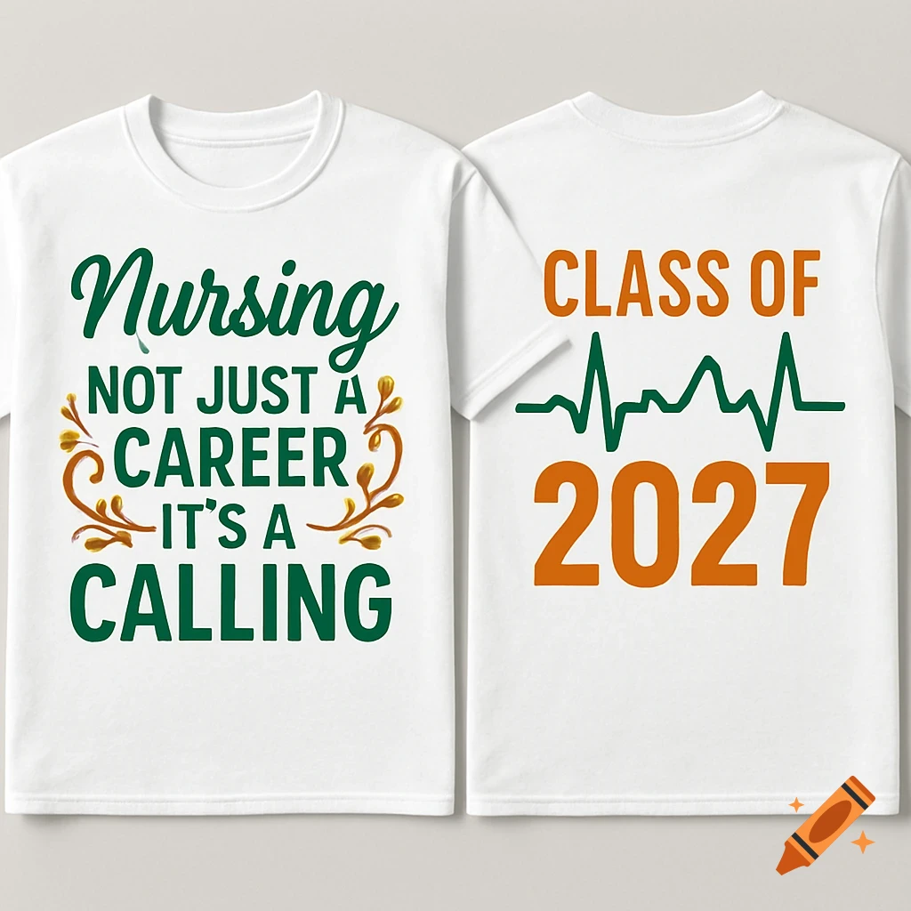 Front and back view of two white t-shirts. The front reads "Nursing Not Just a Career It's a Calling" with green text and orange flourishes. The back reads "Class of 2027" with a green heartbeat line.