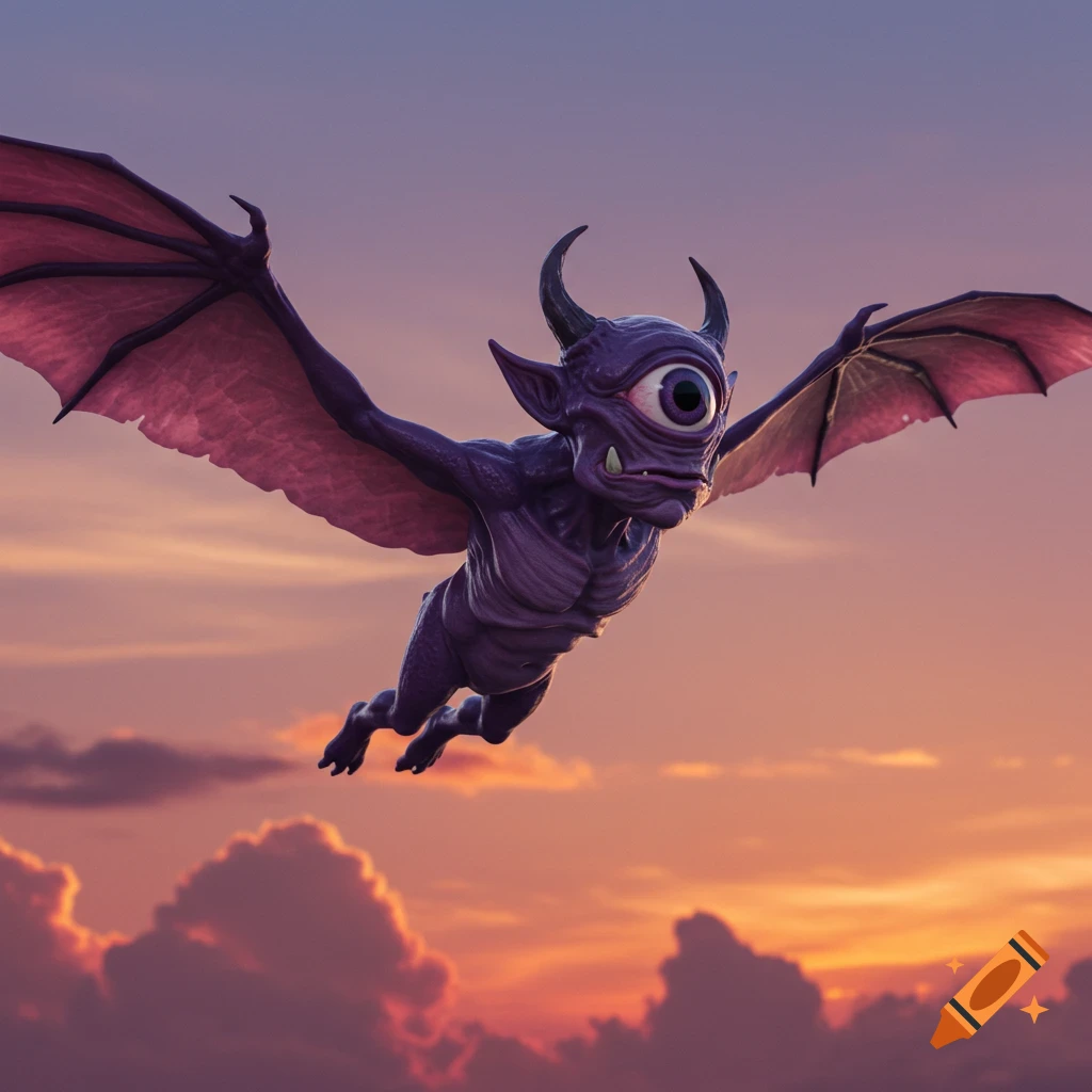 A purple, one-eyed, horned monster with bat-like wings flies in a vibrant sunset sky with clouds.
