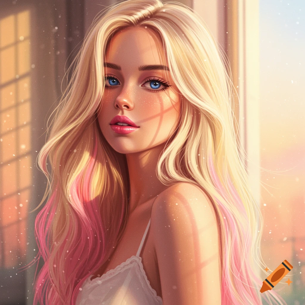 A beautiful digital art portrait of a woman with long blonde hair with pink highlights, blue eyes, and pink lips, bathed in warm light.
