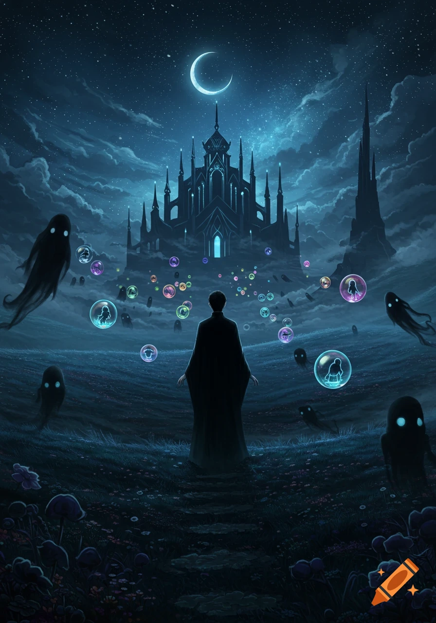A cloaked figure stands in a dark, mystical field with glowing bubbles and ghost-like figures, facing a gothic castle under a starry night sky with a crescent moon.