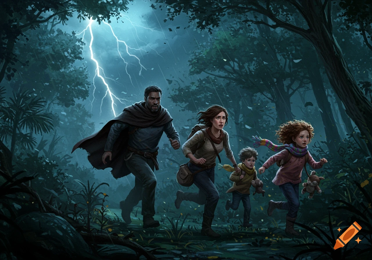 A man, woman, and two children run in fear through a dark, stormy forest with lightning.