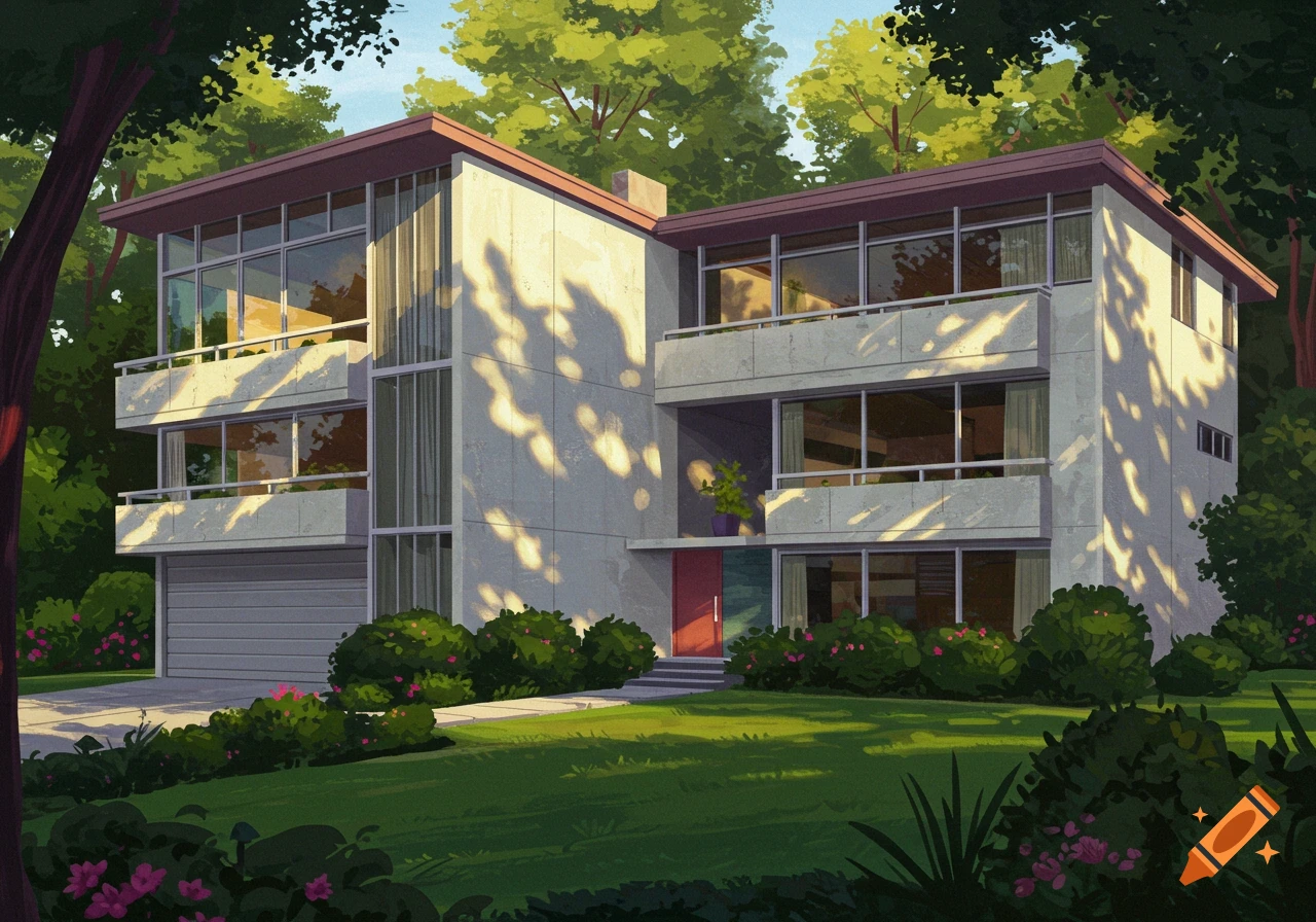 An illustration of a mid-century modern house with large windows and a stucco facade, surrounded by lush green trees and bushes under dappled sunlight.