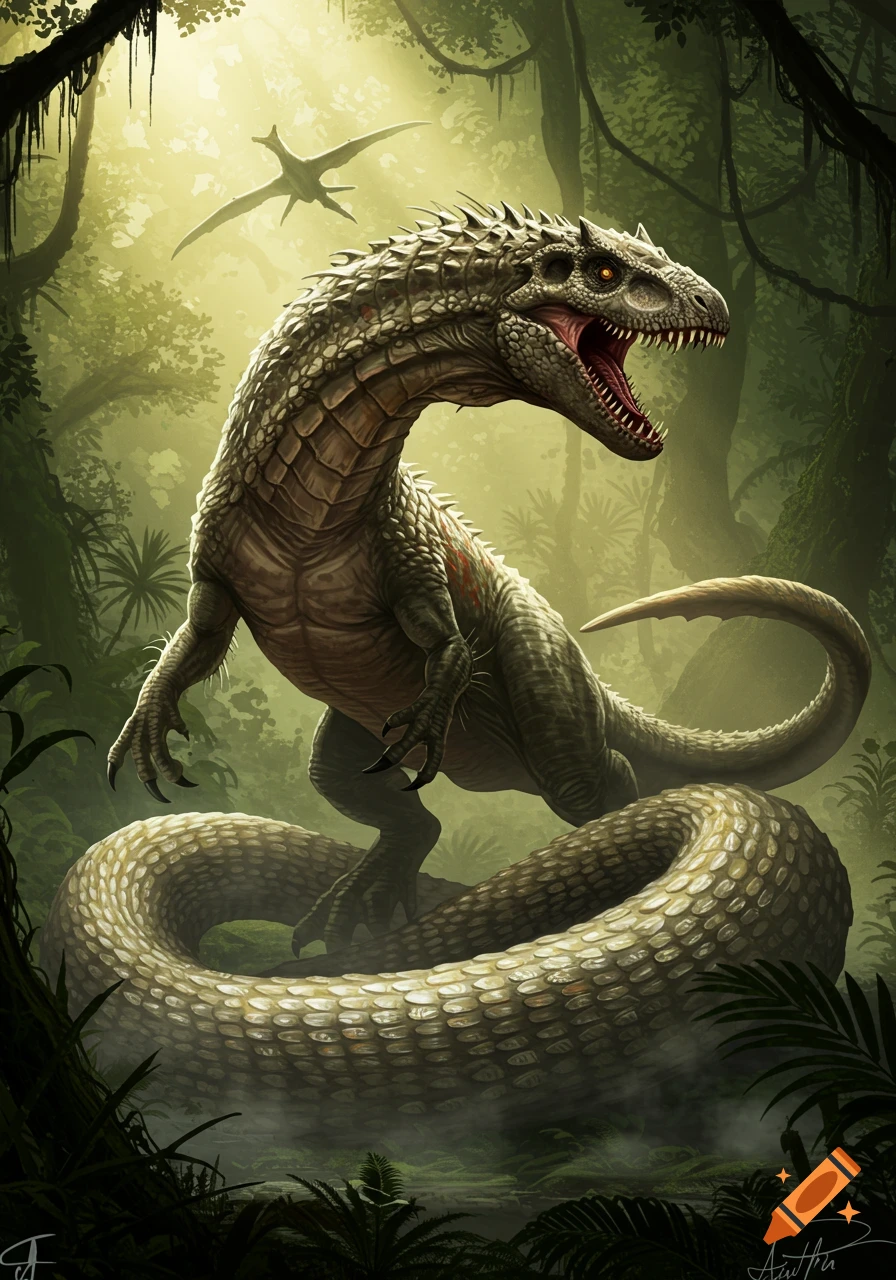 A fierce reptilian creature with a long serpentine tail, a dinosaur body, and an open maw, stands in a lush, misty jungle with a flying pterosaur in the sky.
