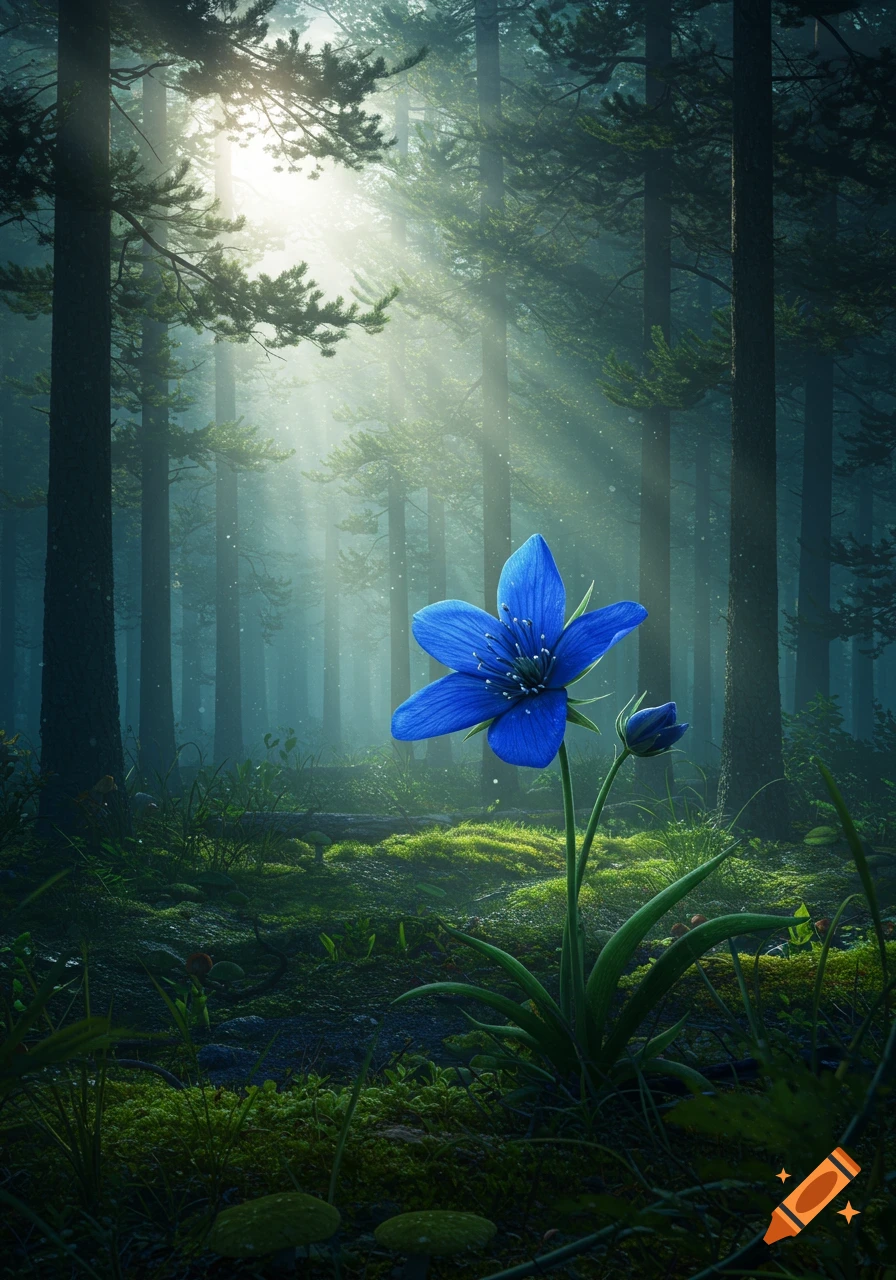 A single vibrant blue flower and bud stand on a mossy forest floor, bathed in sun rays streaming through tall pine trees.