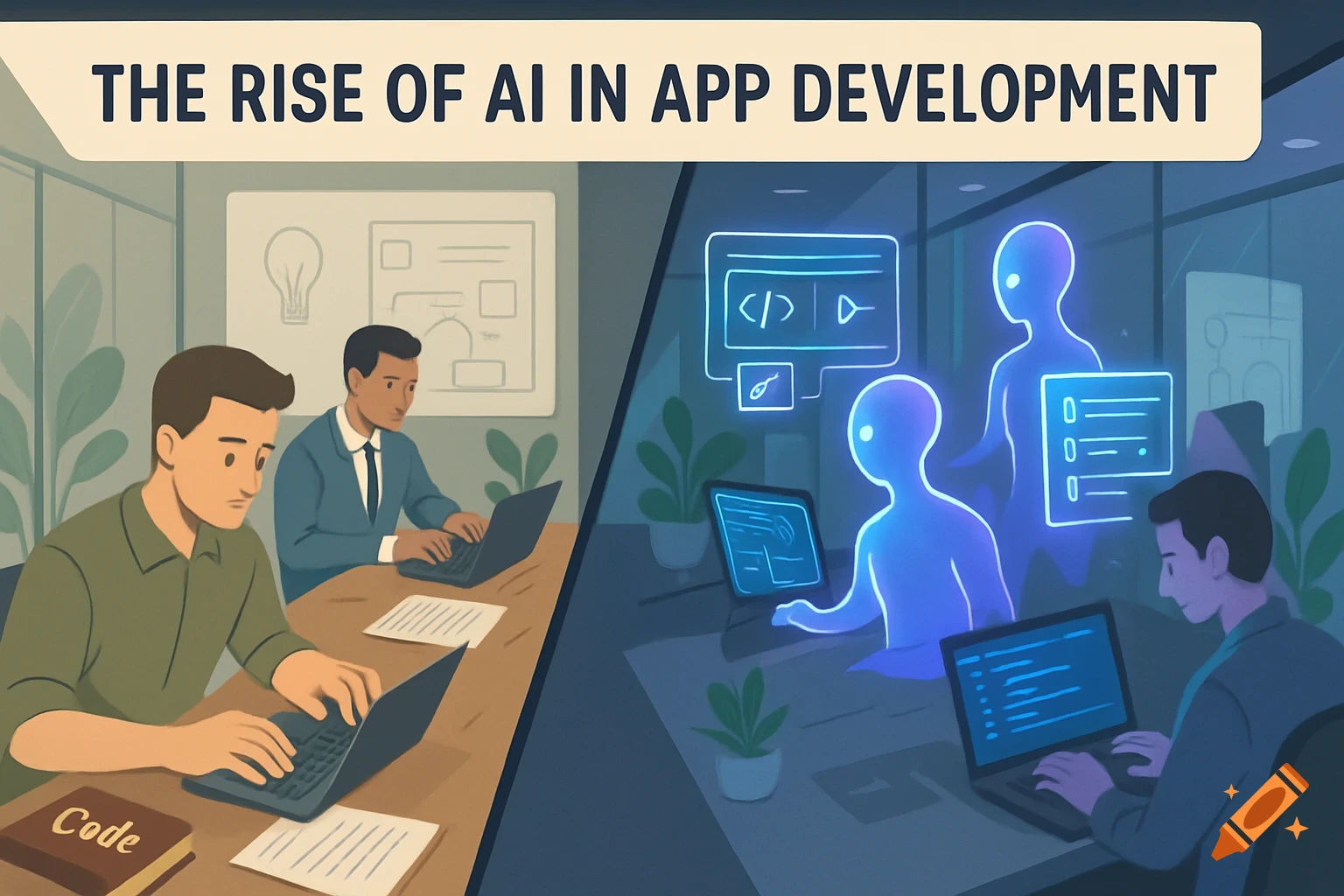 A flat-style illustration showing two men developing apps in an office, contrasting traditional coding with AI assistance. Text reads 'The Rise of AI in App Development'.