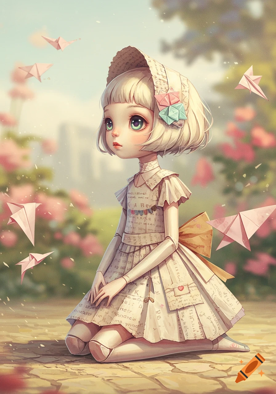 A whimsical paper doll girl with big green eyes kneels among pink origami birds and flowers in a garden.