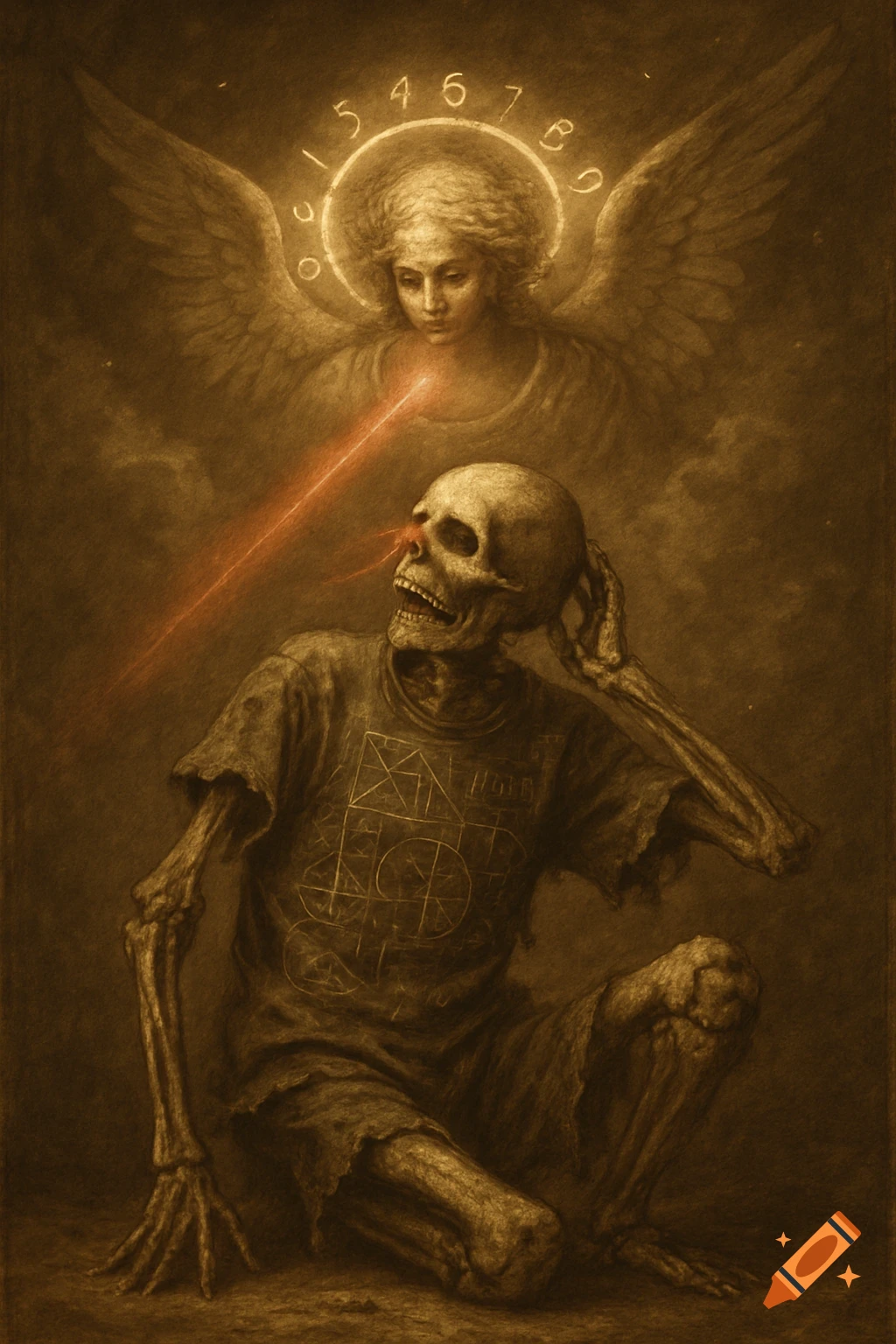 A skeletal figure in a t-shirt crumbles as a red laser beam from a winged angel, whose halo displays numbers like a calculator, hits its eye. Styled as an old painting.