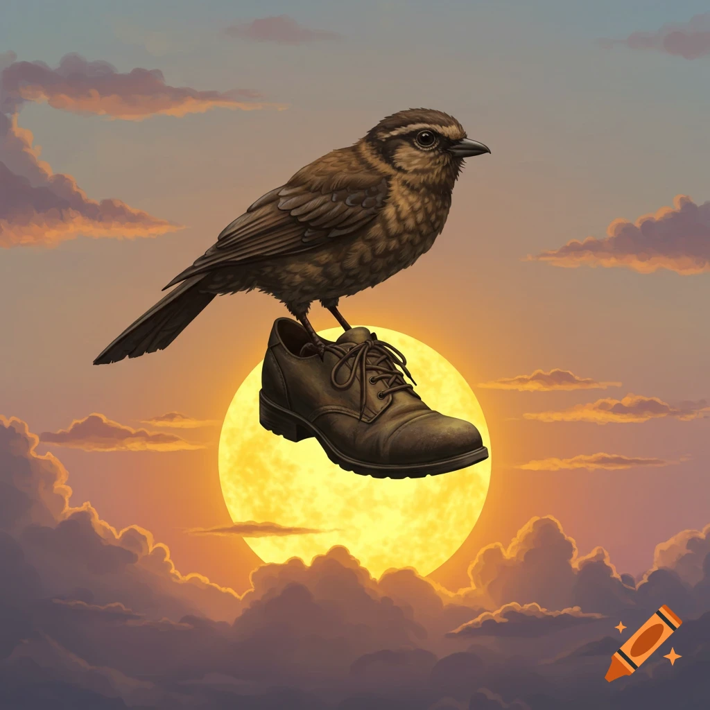 A brown bird stands on a dark brown shoe, silhouetted against a large yellow sun and cloudy sky at sunset.