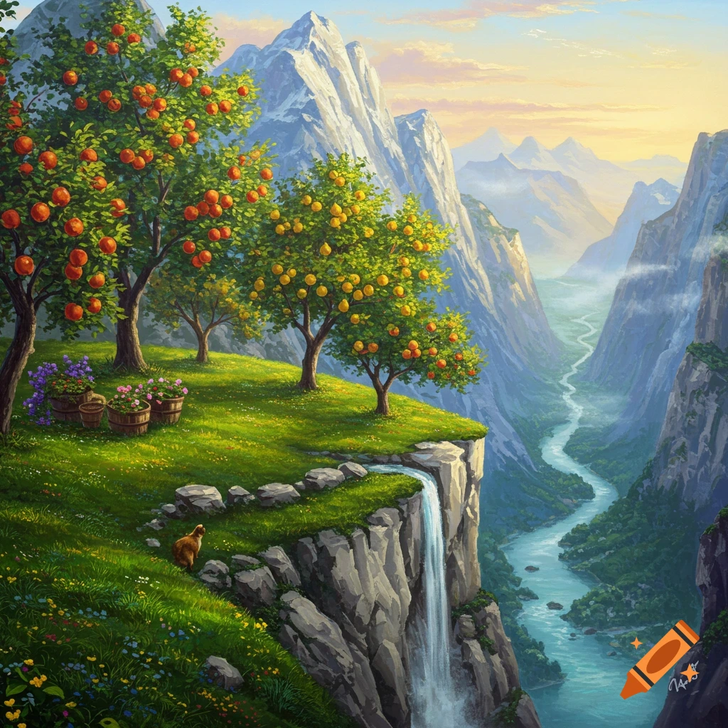 Lush fruit trees on a mountain cliff with a waterfall, a fox, and a river winding through a valley under a colorful sky, painted style.