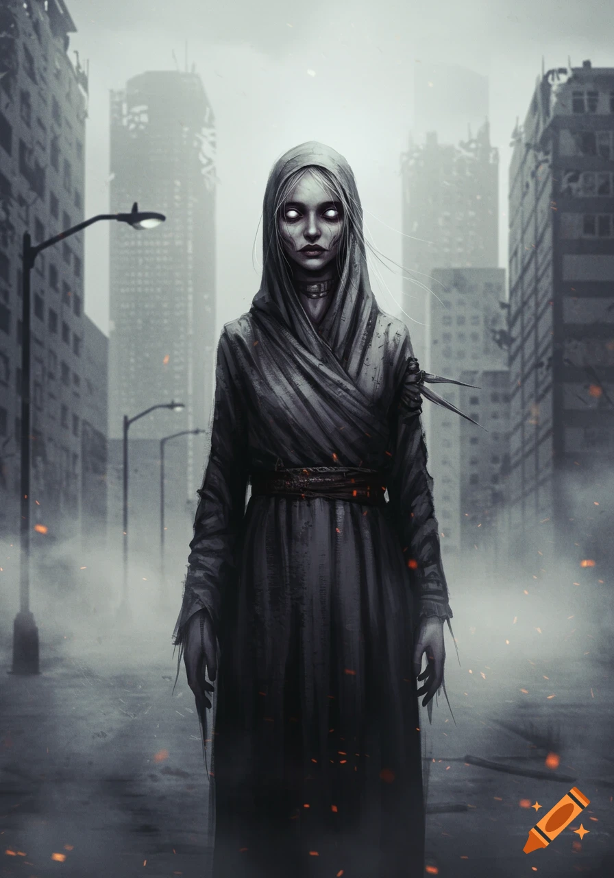 A pale, ghostly figure in dark robes with glowing eyes stands in a foggy, ruined city, digital art.