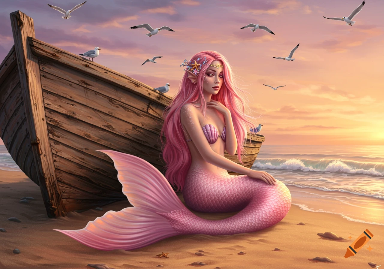 Illustrated mermaid with long pink hair sitting on a sandy beach next to a wooden boat at sunset, with seagulls flying.