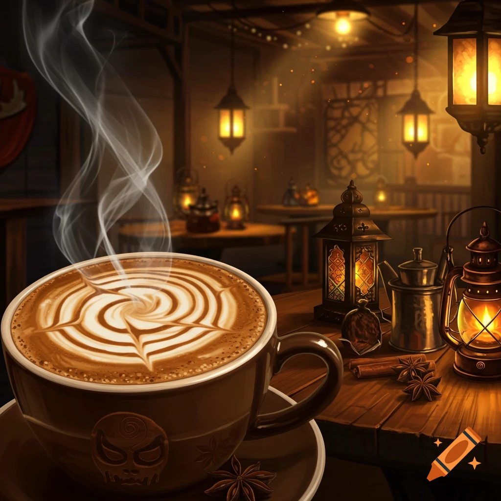 A steaming cup of latte art sits on a wooden table in a dimly lit, cozy cafe with warm lanterns.