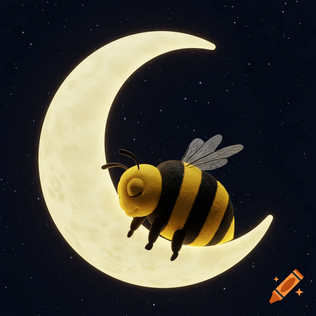 A cute, fluffy cartoon honeybee sleeps peacefully on a glowing crescent moon with its front legs behind its head in a starry night sky.