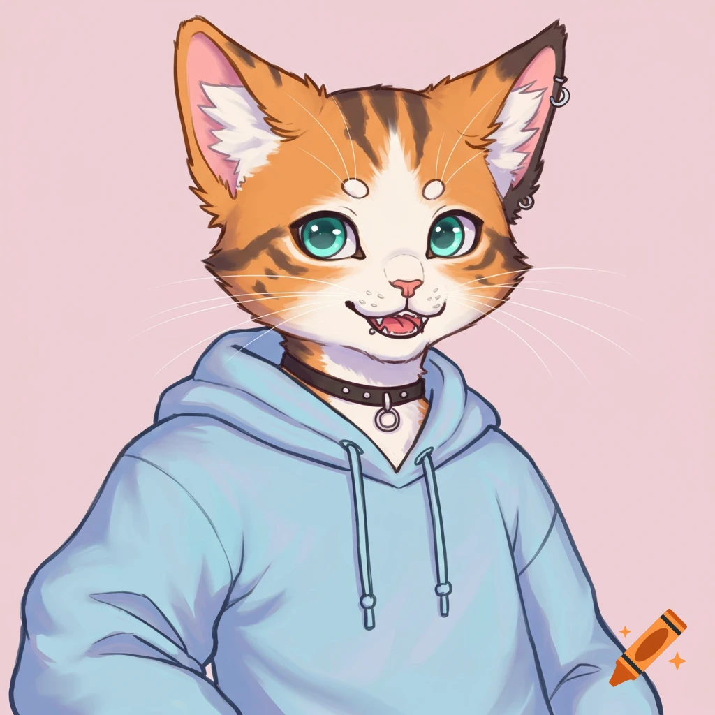 Anthropomorphic calico cat with green eyes, sharp teeth, wearing a light blue hoodie and a black choker against a pink background.