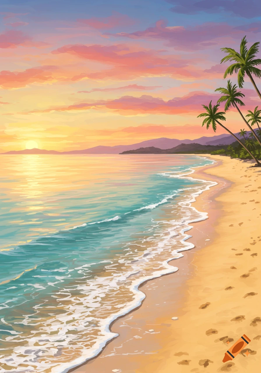 Vibrant illustration of a beach at sunset with golden light reflecting on turquoise waves and palm trees.