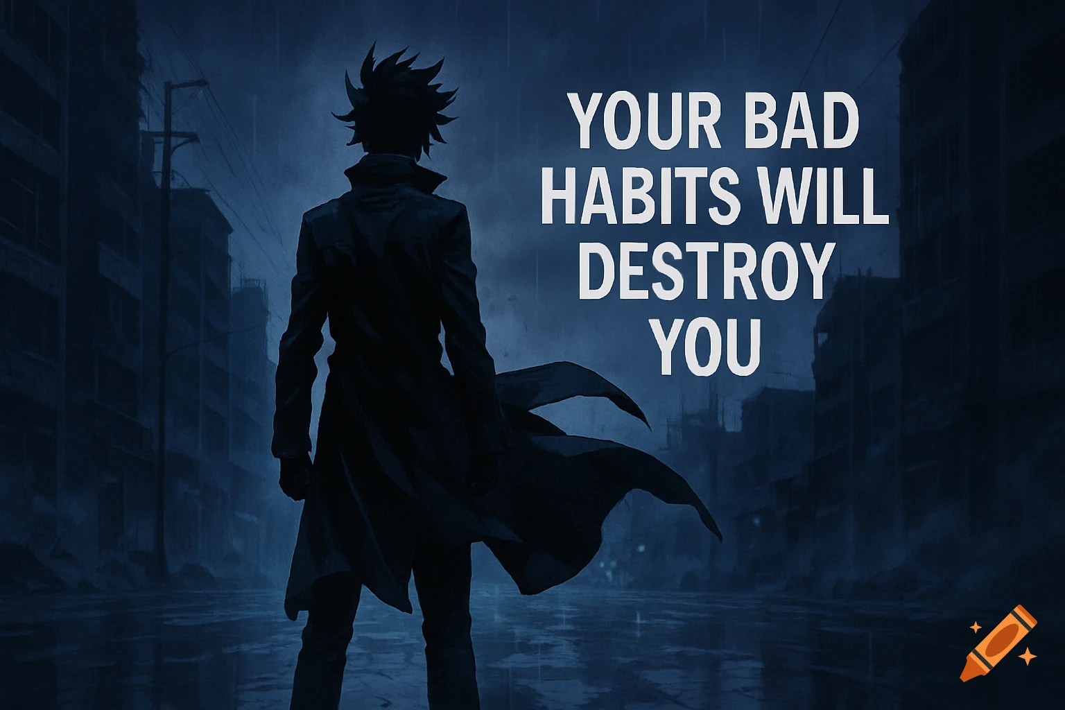 Silhouette of an anime character in a long coat stands on a rainy, ruined city street, with the text 'YOUR BAD HABITS WILL DESTROY YOU'.