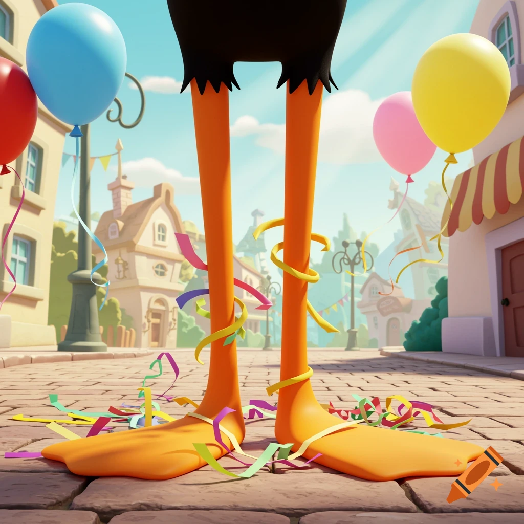 Vibrant cartoon duck legs stand on a cobblestone street covered in colorful confetti, with balloons floating in a sunny town square.