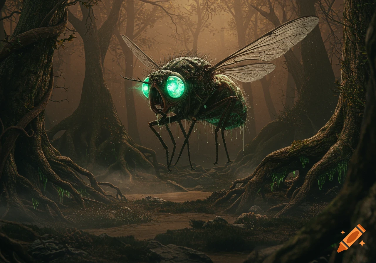 A huge, scary, mutated fly with glowing green eyes hovers in a dark, misty forest with gnarled trees.