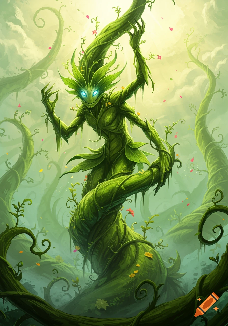 A vibrant green plant creature with glowing blue eyes stands among giant vines and small flowers, light breaking through a misty sky.