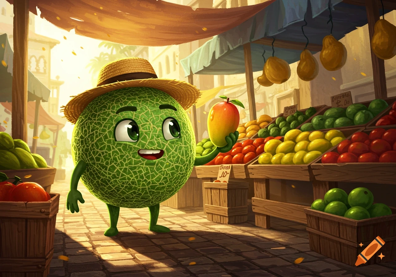 A happy cartoon melon character wearing a straw hat holds a mango at a bustling outdoor fruit market, illustrated in a vibrant cartoon style.
