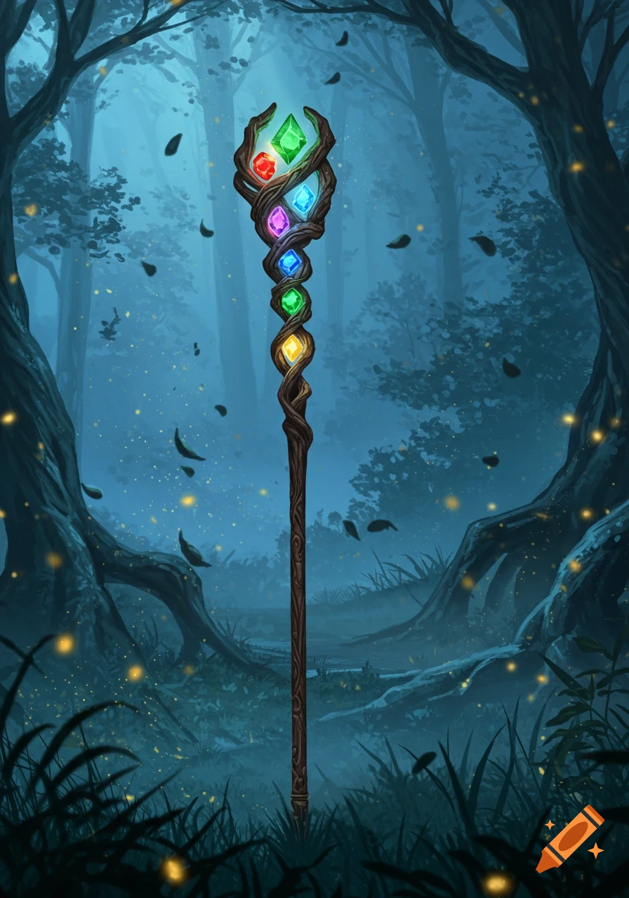 A magical staff with six glowing colorful gems on a twisted wooden shaft, standing in a mystical, blue-lit forest with glowing particles.
