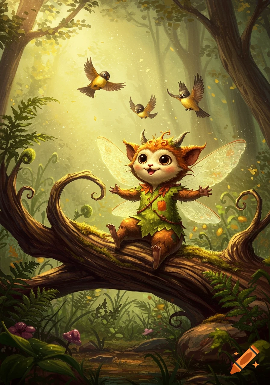 A cute, big-eyed, orange-furred fairy creature with small horns and translucent wings sits on a mossy tree branch in a sunlit forest with birds.