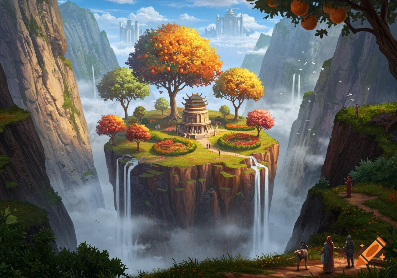 A vibrant fantasy landscape featuring a floating island with a pagoda, colorful fruit trees, and waterfalls, surrounded by tall mountains and mist.