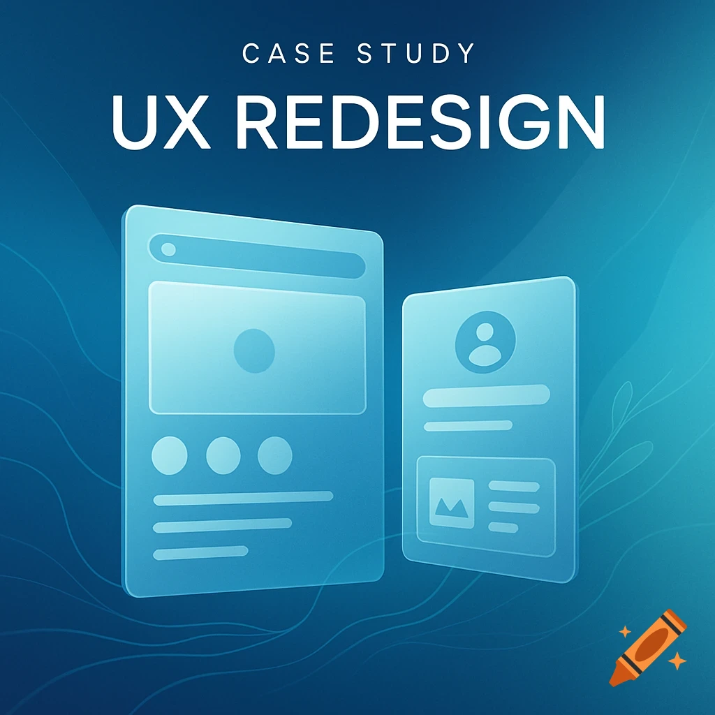 Abstract image of two frosted glass UI elements with text 'CASE STUDY UX REDESIGN' on a blue background.