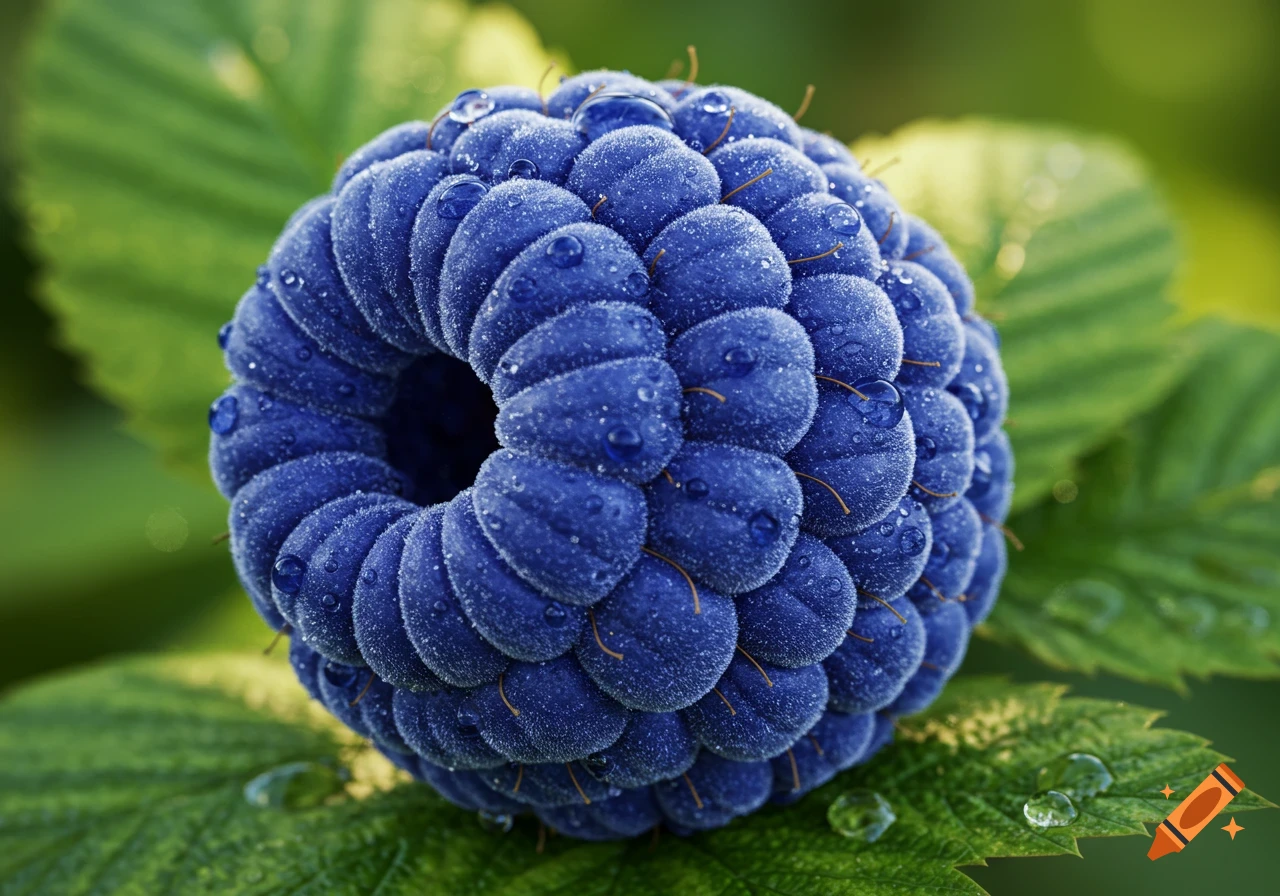 Close-up of a vibrant blue raspberry covered in tiny water droplets, resting on a green leaf.