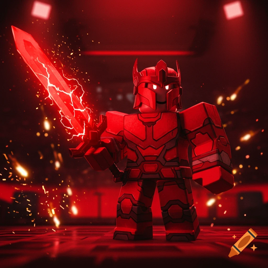 A red Roblox-style armored character holds a glowing red sword in a dark, fiery red environment.