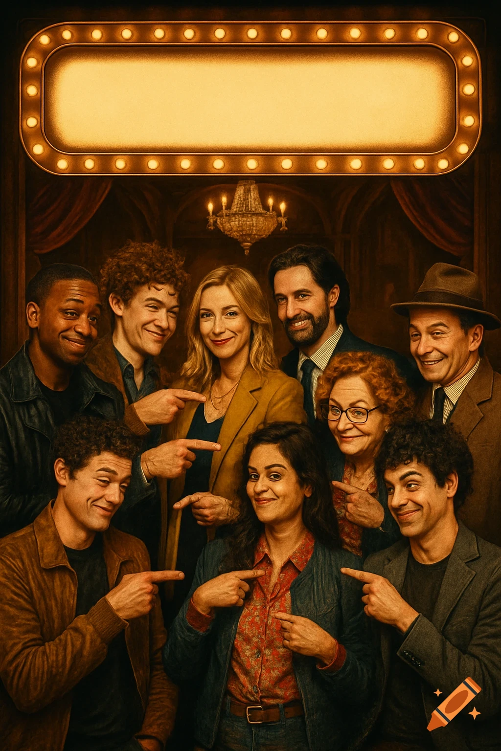 A diverse group of smiling people pointing at each other under an illuminated blank marquee sign, in a vintage theatrical setting.