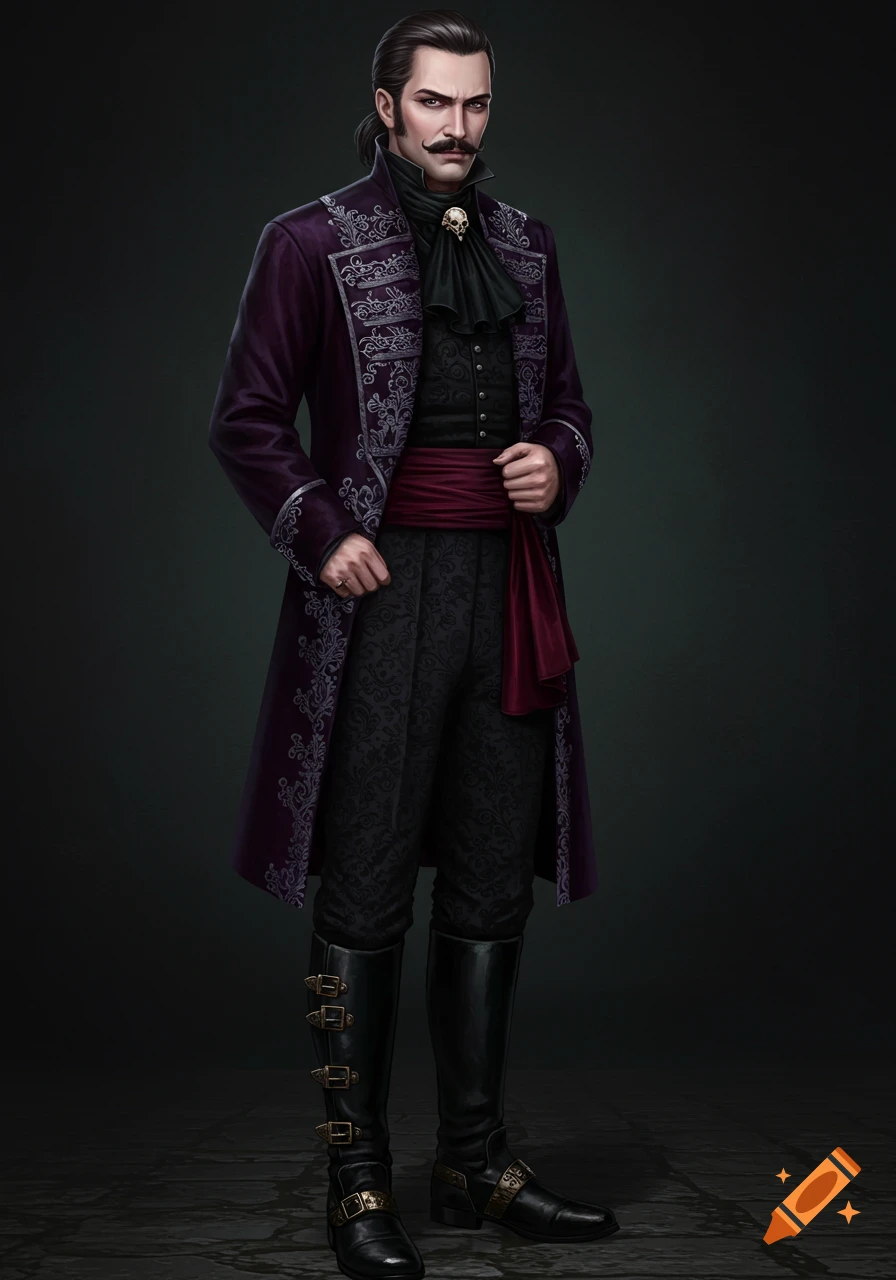 A man with a handlebar mustache in purple velvet Gothic-Victorian attire, with a black ruffled shirt, red sash, and boots, stands in a shadowy environment.