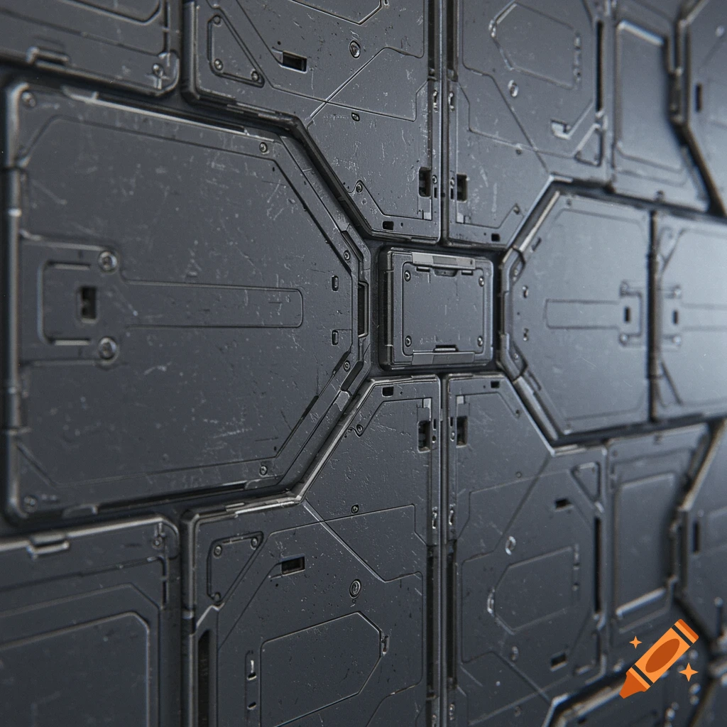A detailed photorealistic texture of a dark gray spaceship wall with panels, rivets, and scratches.